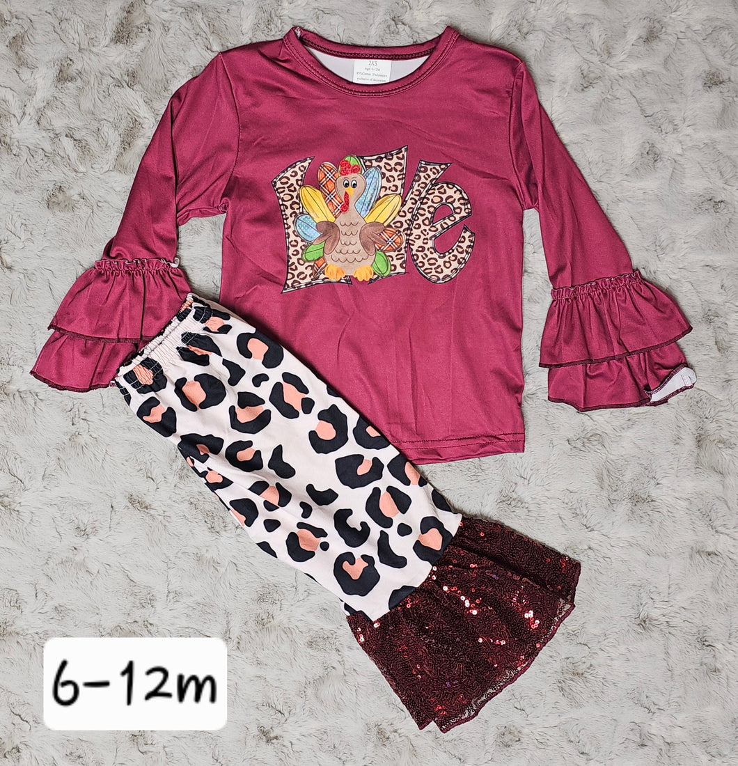 Ruffled Long Sleeve Turkey Love Bell Set