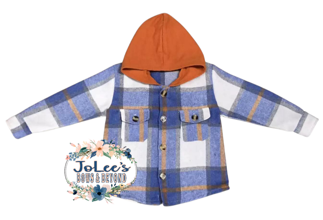 Orange/Blue Flannel Hooded Button-up