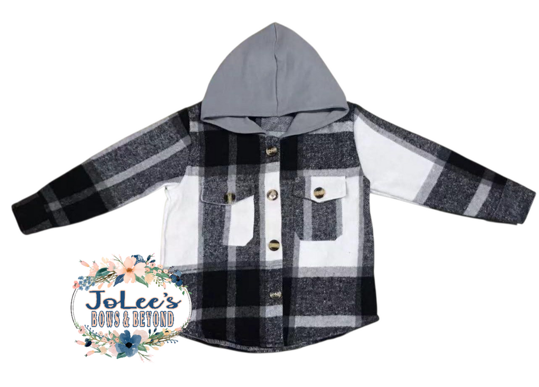 Black/White Flannel Hooded Button-up