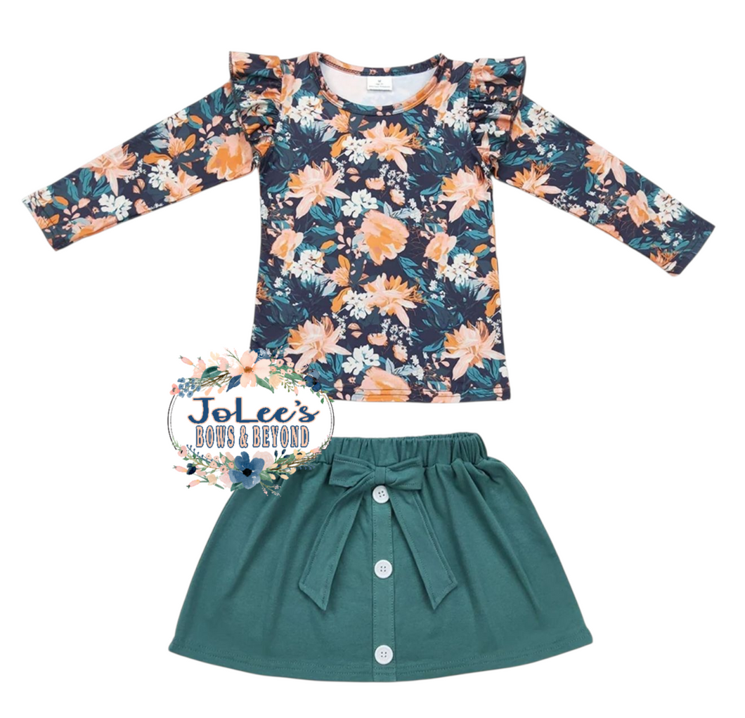 Ruffled Green Floral Long Sleeve Skirt Set