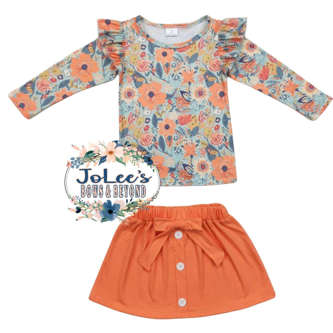 Ruffled Orange Floral Long Sleeve Skirt Set